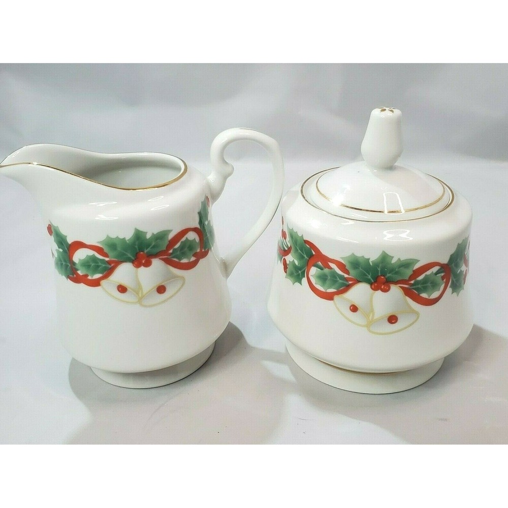 Vtg Sango 1990 Noel Christmas Sugar And Creamer Bells Holly Berries Ribbon 8401